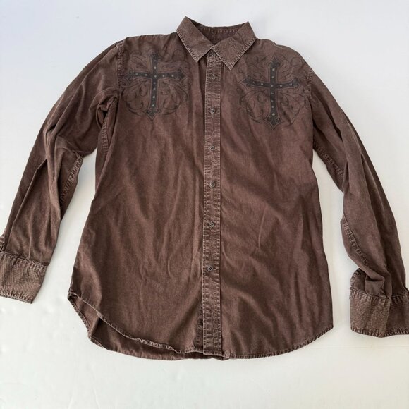 Affliction Mens Brown Long Sleeve Button-Up Shirt Cross Graphics Size Large - Picture 2 of 7